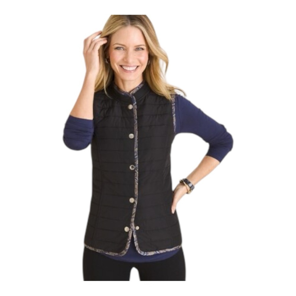 Chico’s Reversible Printed Jacquard To Black Quilted Vest - Picture 2 of 9